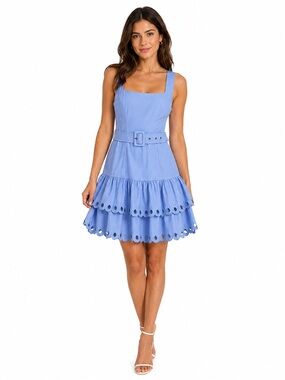 En Saison Crista Mini Dress Blue Eyelet Belt Tiered Layered soroity Dress Small
